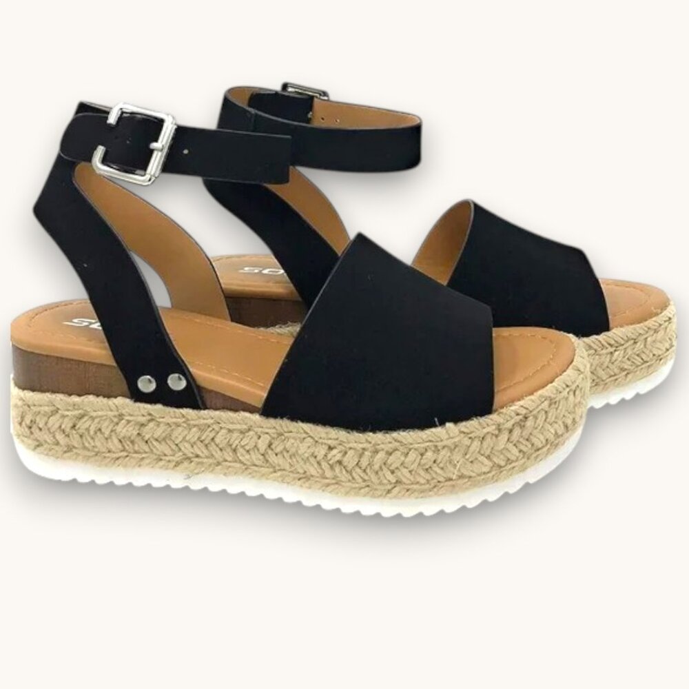 SODA TOPIC Open Toe Buckle Ankle Strap Espadrilles, BLACK, Size 10